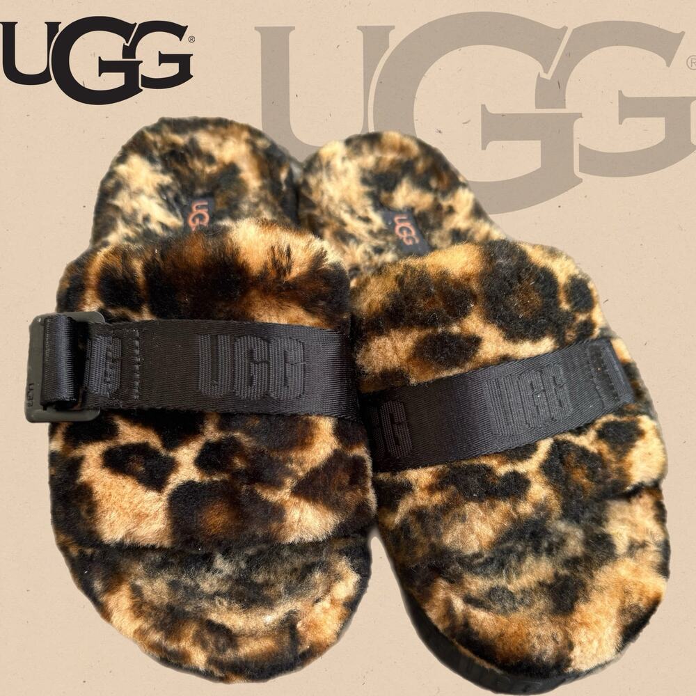 Ugg Women Size 6 Fluffita Adjustable Cozy Leopard Print Sandals Sheepskin